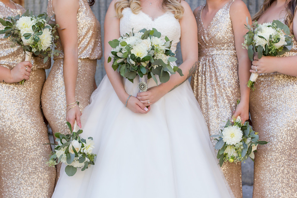 Gold sequin bridesmaids dresses by Adrienne & Dani Photography