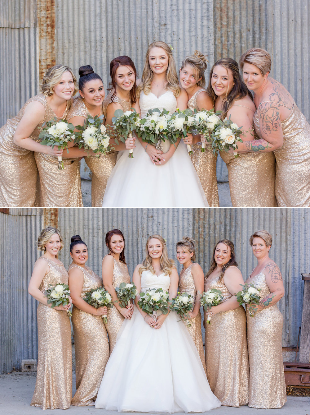 gold sequin bridesmaids dresses by Adrienne & Dani Photography
