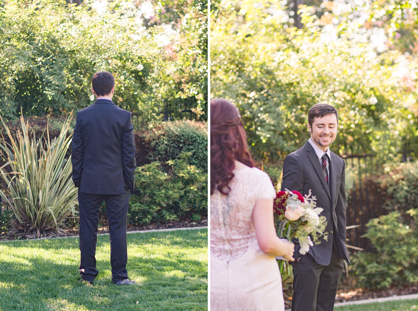 Bride and Groom first look t at the Rocklin Event Center by Adrienne and Dani Photography