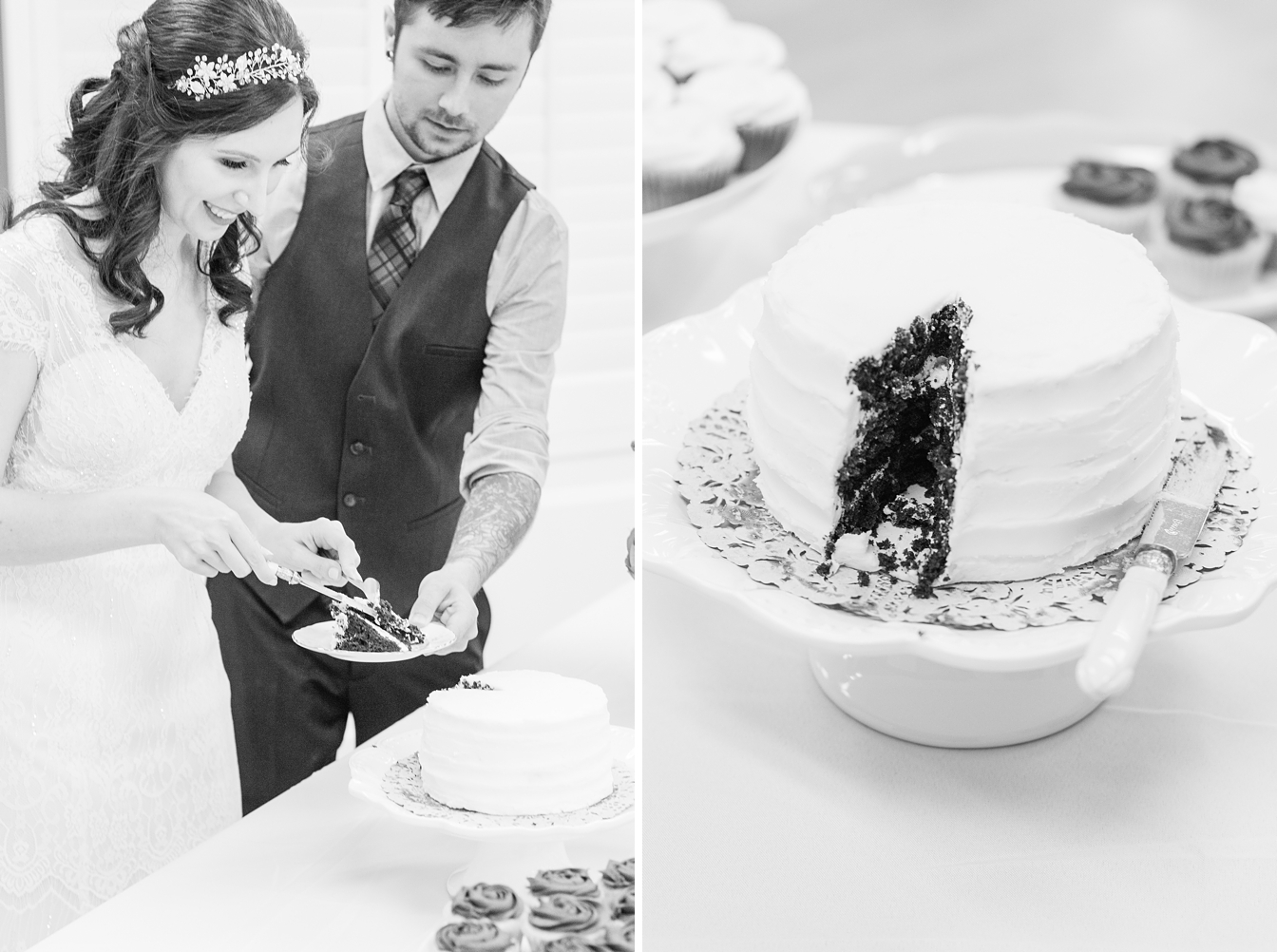 Bride and Groom cut the cake at the Rocklin Event Center by Adrienne and Dani Photography