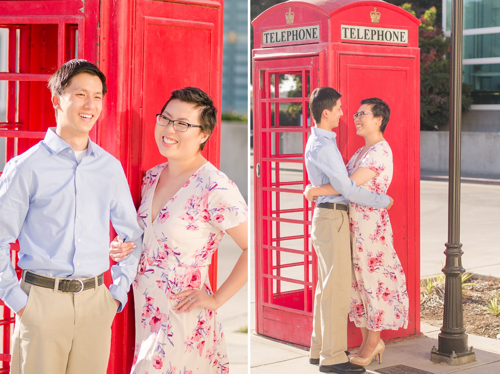 Engaged Couple Pose in Front of Red Telephone Booth by Adrienne and Dani Photography