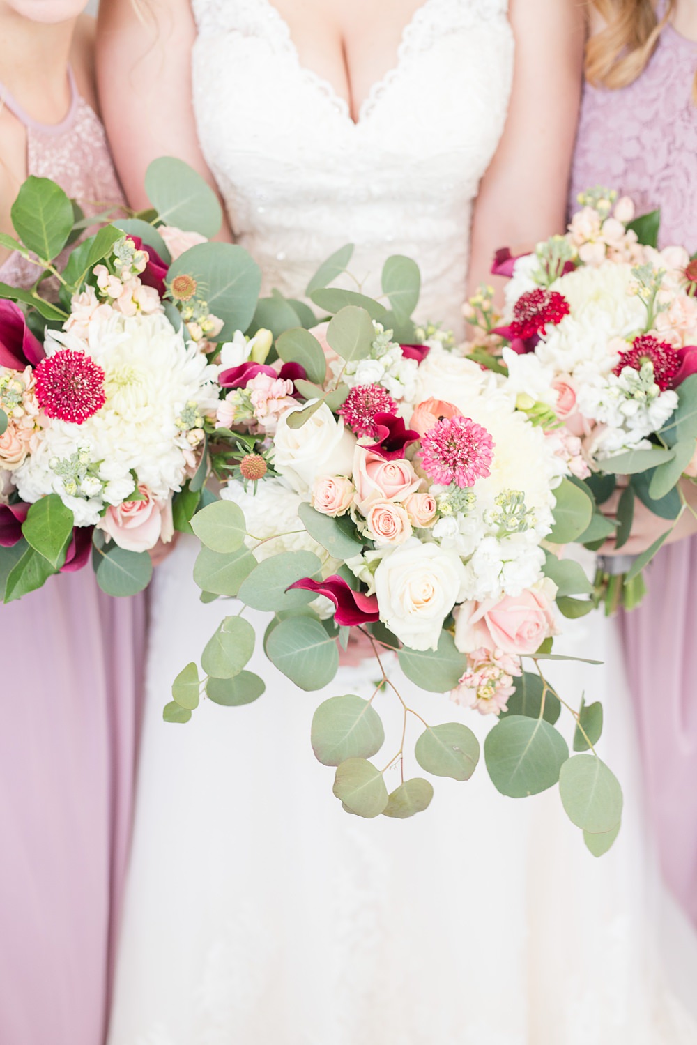 Pink, Burgundy, and White Bridal Bouquet with Greenery at the Sequoia Mansion by Adrienne and Dani Photography