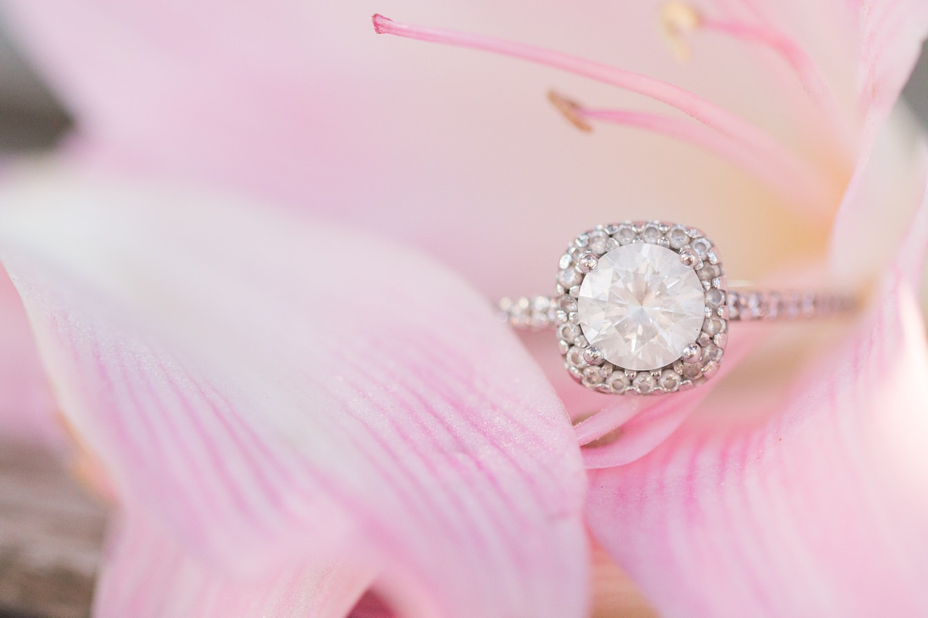 Pretty in Pink Engagement Ring | UC Davis Arboretum Engagement Session by Adrienne and Dani Photography