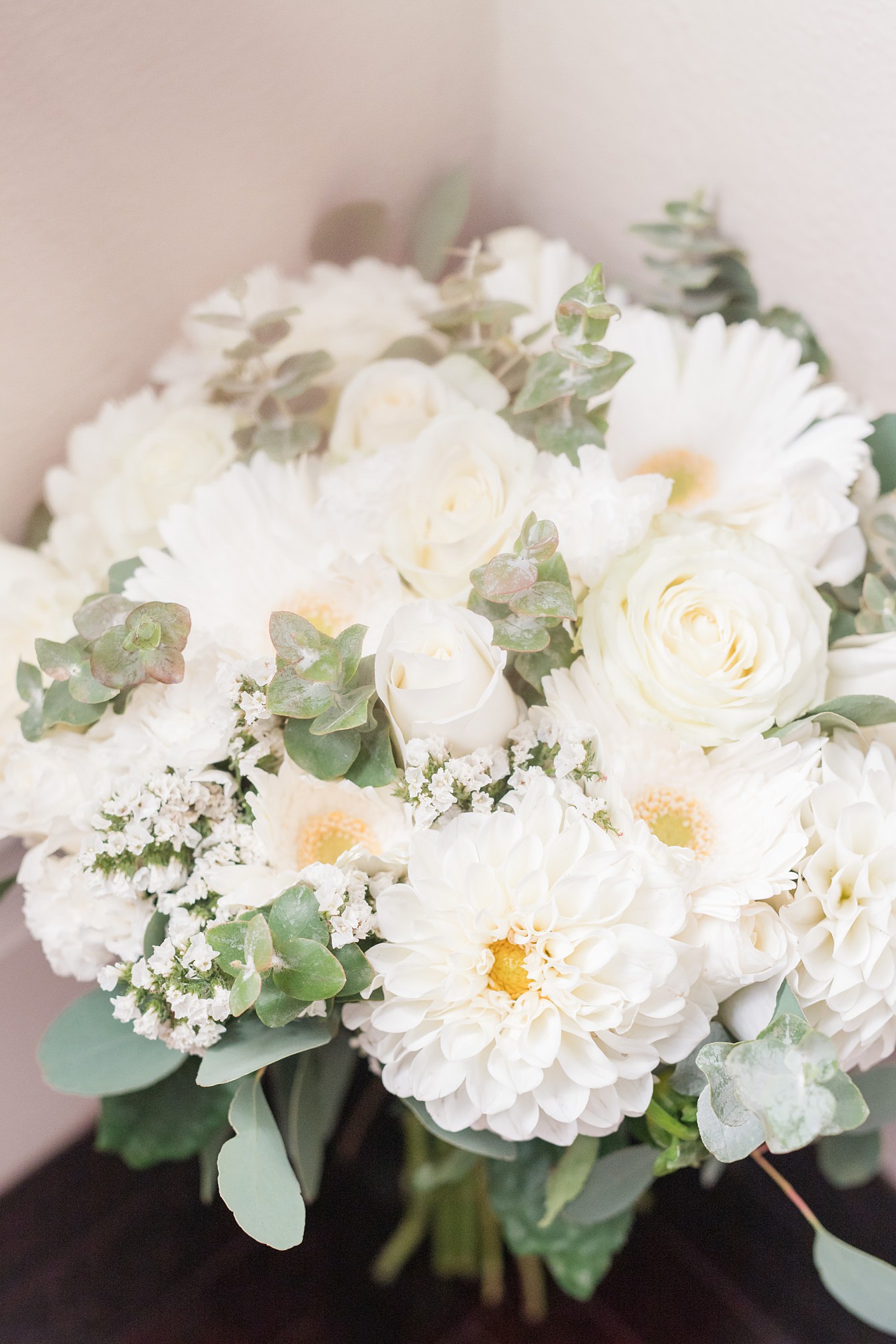 Bridal Bouquet with White Dahlia's, White Roses, and White Daisys by Adrienne and Dani Photography