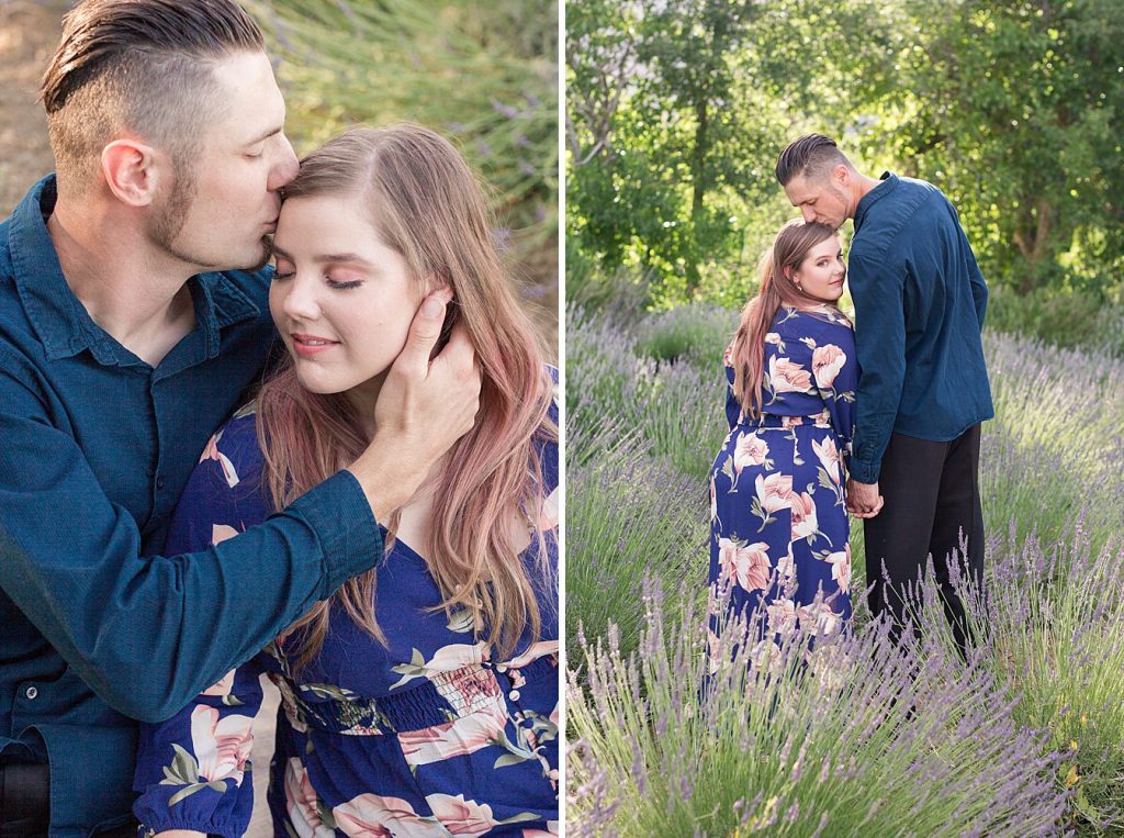 engaged couple in a lavender field by Adrienne and Dani Photography