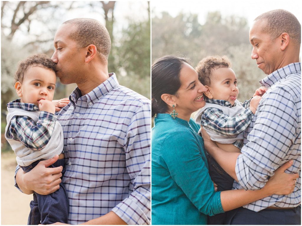 A mom and dad play with their infant son during their Sacramento Fall Family Portrait Session.