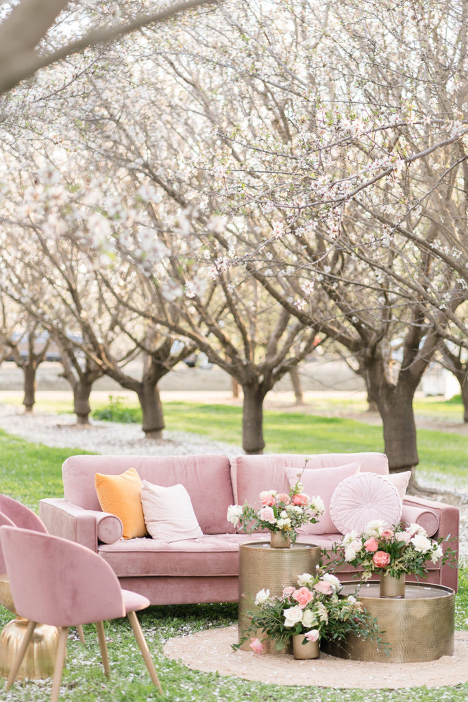 a pink velvet couch and matching chairs set up nestled in the almond blossoms for a wedding reception