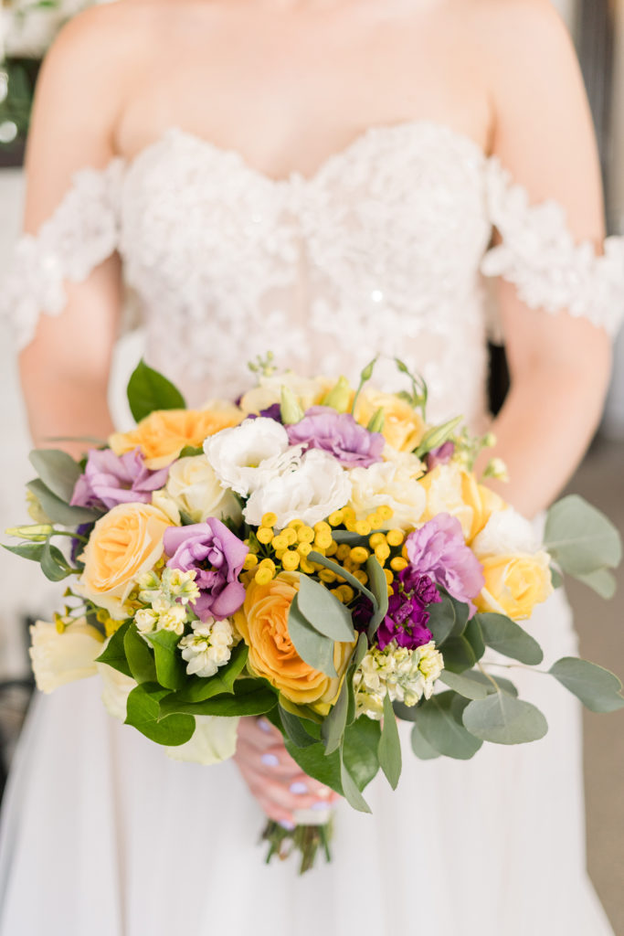 sequoia mansion Placerville wedding bride purple and yellow bouquet