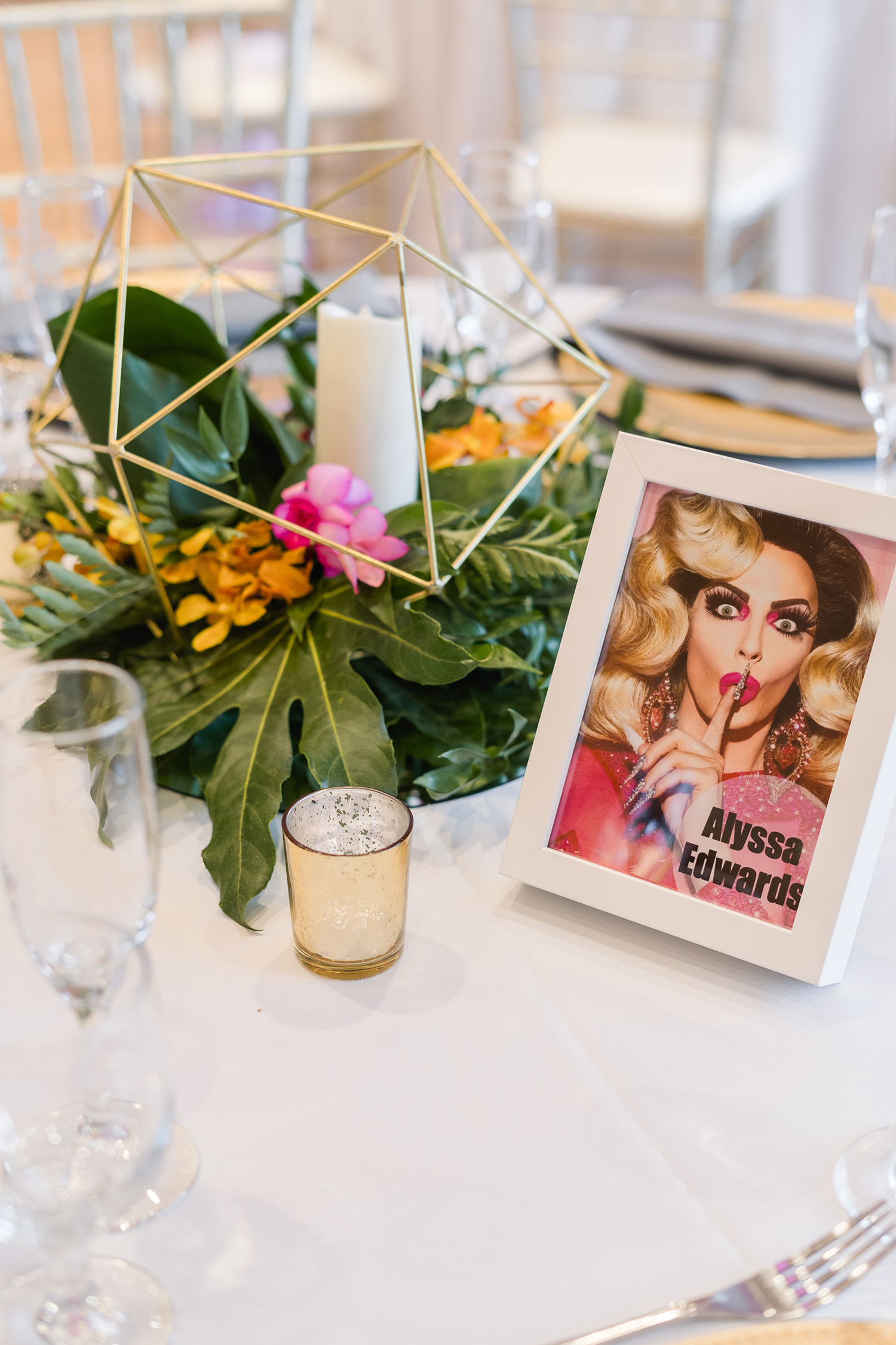 roseville union brick wedding lgbt wedding drag queen table numbers by adrienne and dani photography