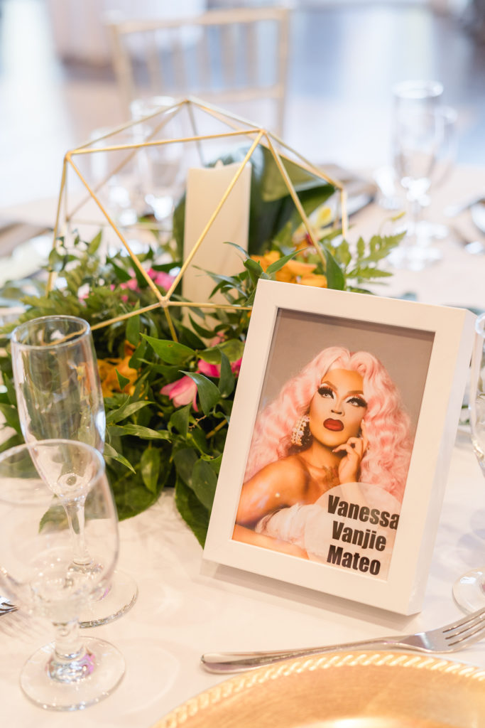 roseville union brick wedding lgbt wedding drag queen table numbers by adrienne and dani photography