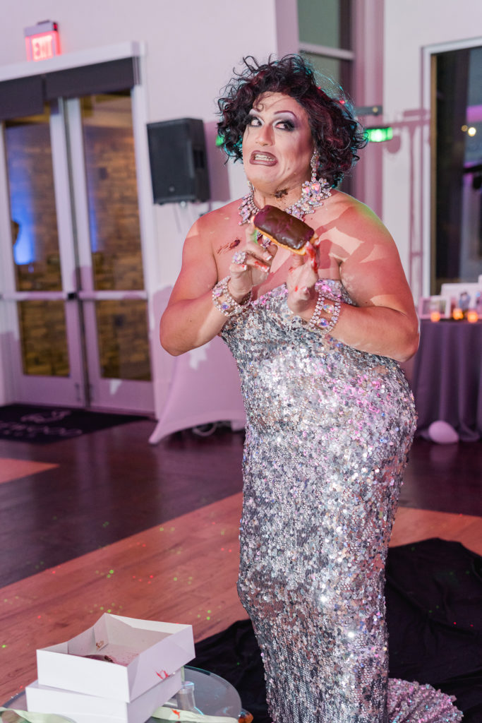 roseville union brick wedding lgbt wedding reception drag queen performance by adrienne and dani photography
