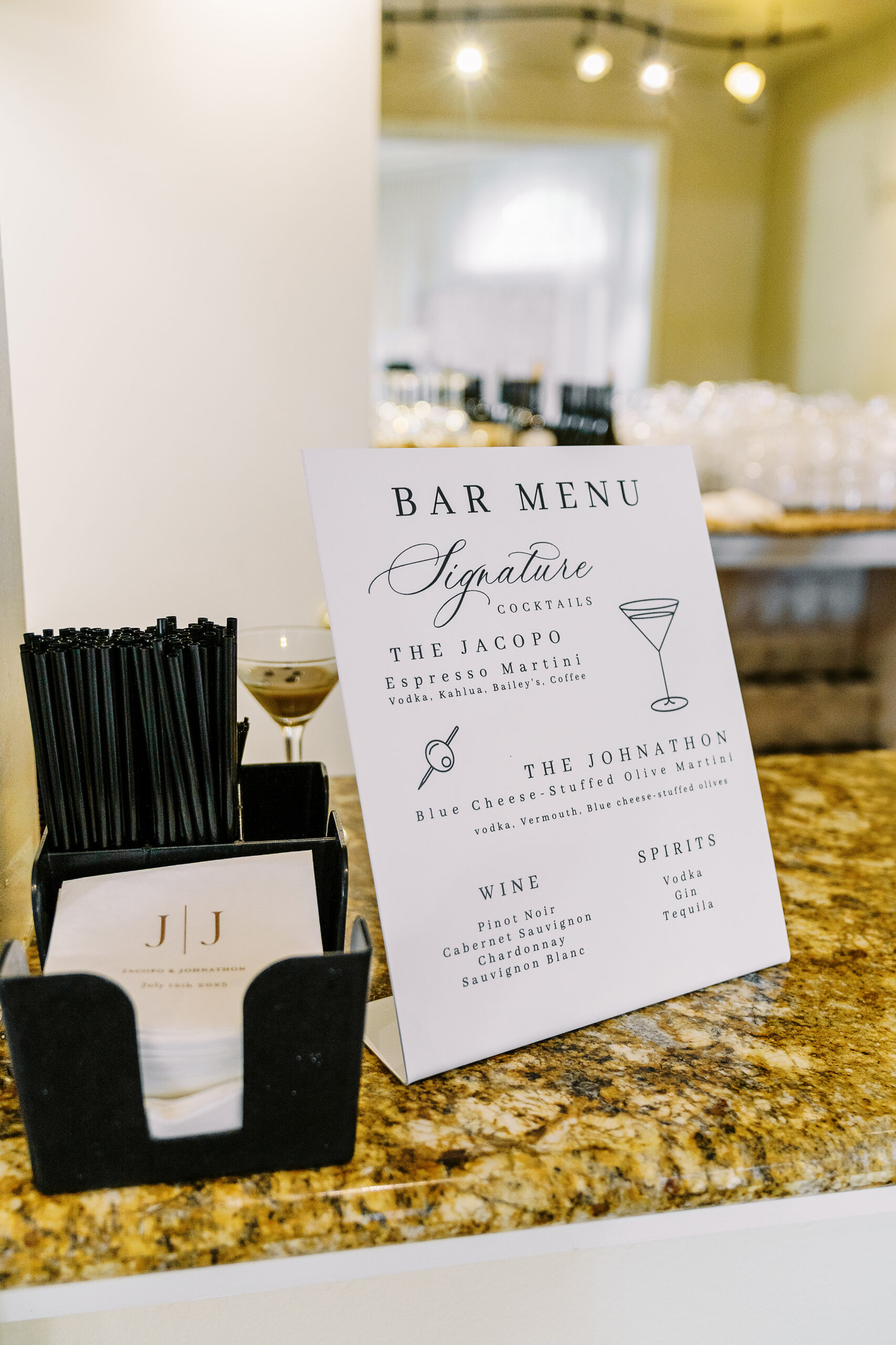 a customized bar menu sign for a Downtown Sacramento Vizcaya Wedding 