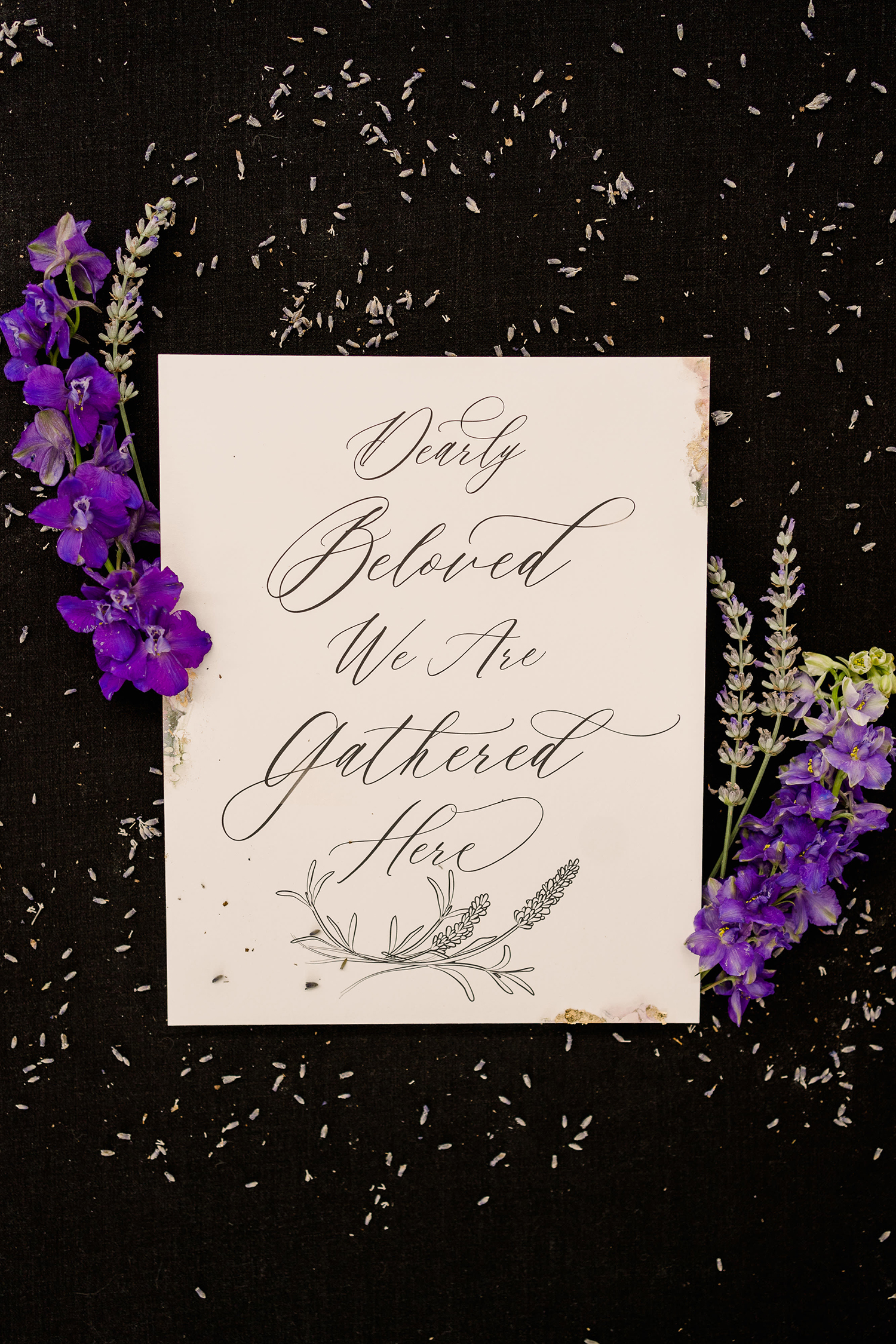 purple, gold, and sage lgbtq wedding invitation