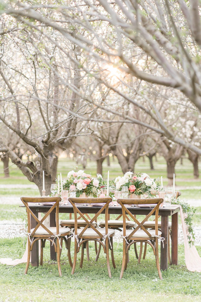 a wedding reception sweetheart table nestled in the almond blossoms
