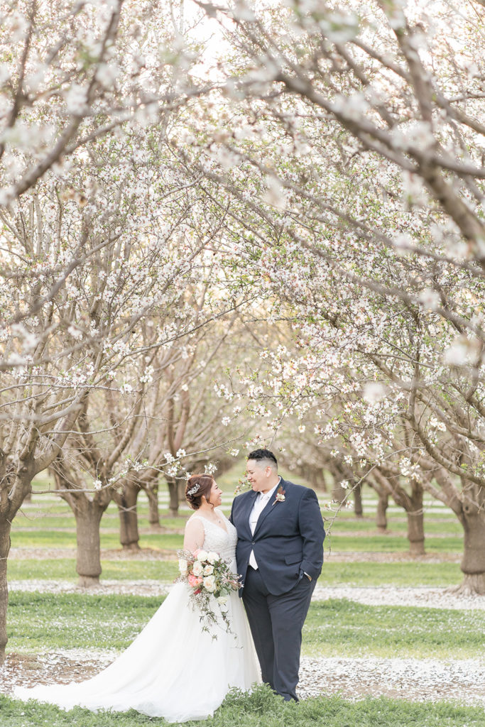lgbt couple poses under the almond blossoms for their wedding portraits