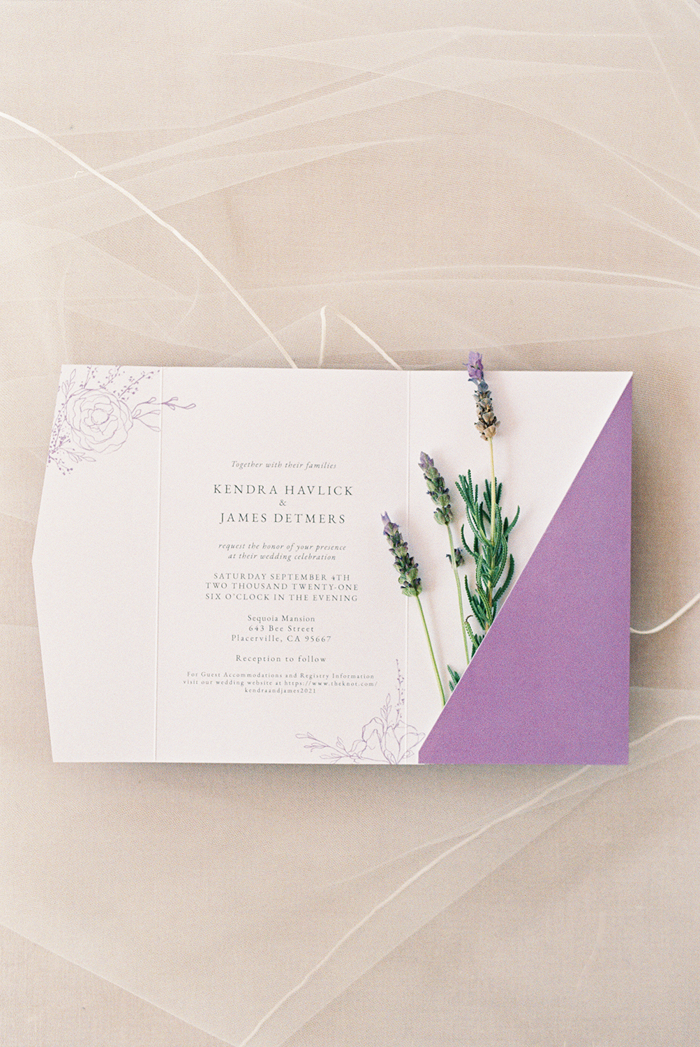 A wedding invitation featuring real lavender photographed on Kodak Portra 400 Film 