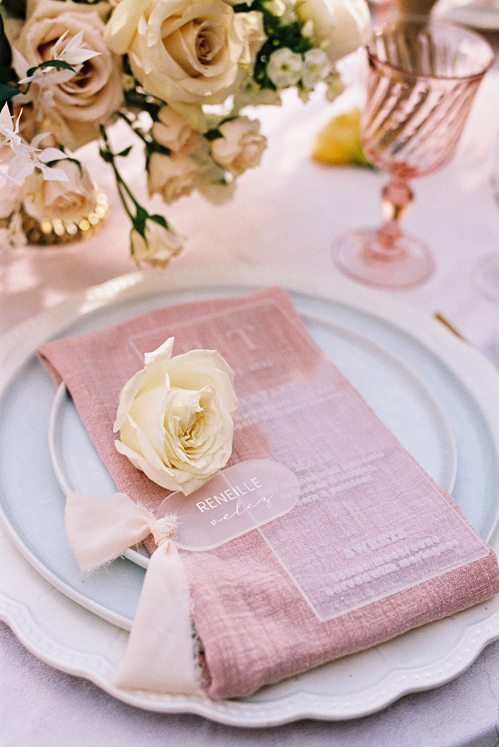 a reception table with blush linens at a Hotel Winters Wedding photographed on Kodak Portra 400 Film