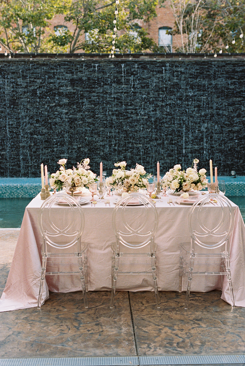 a reception table with blush linens at a Hotel Winters Wedding photographed on Kodak Portra 400 Film