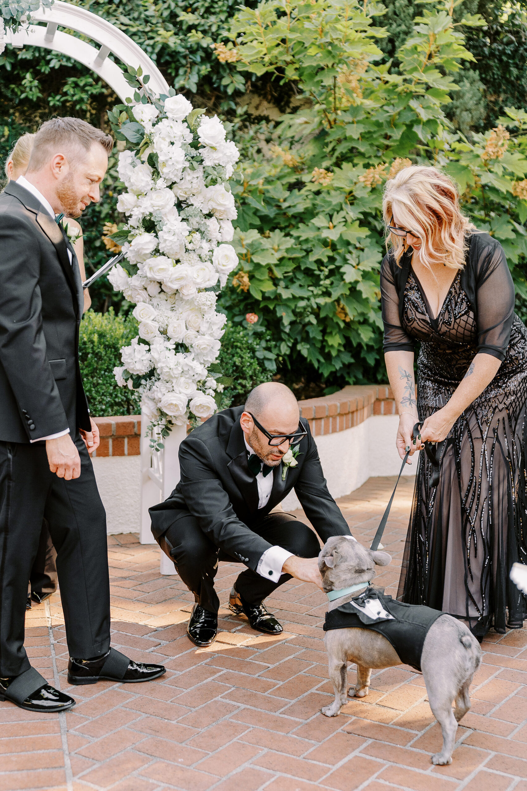 a groom retrieves the rings from their french bulldog ring bearer during their wedding ceremony at their Downtown Sacramento Vizcaya Wedding 