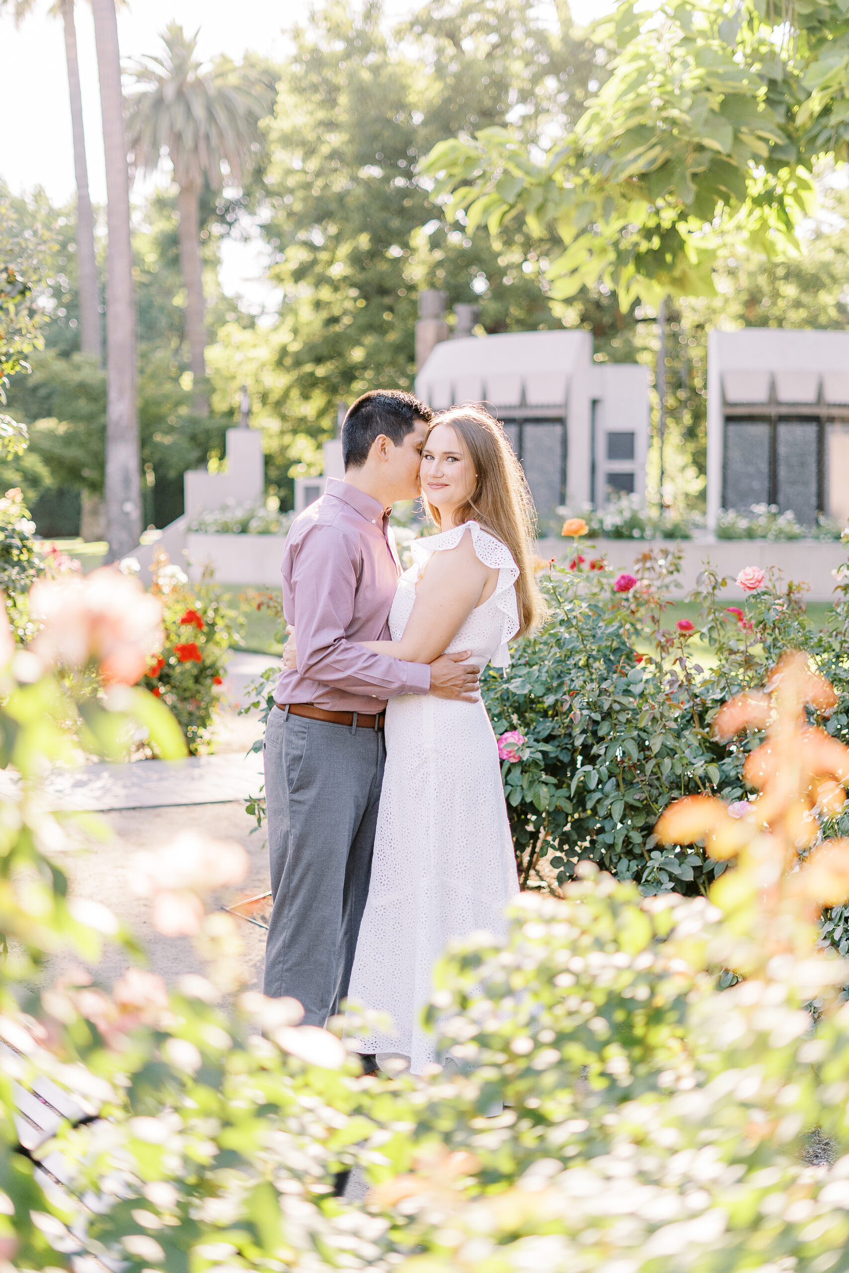 an engaged couple shares a hug in the roses of the Downtown Sacramento Capitol rose garden