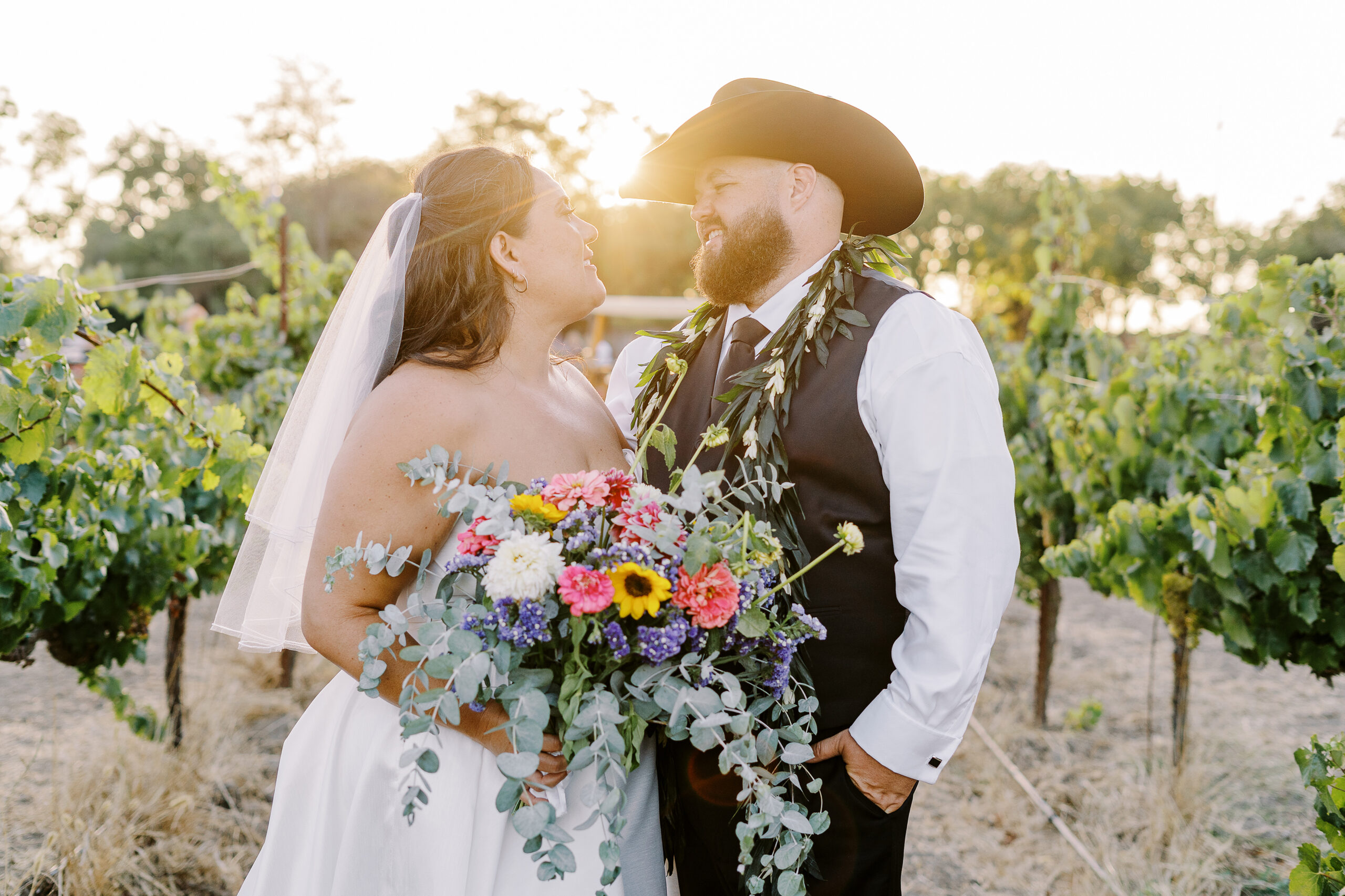 a bride and groom share kisses and pose for portraits at sunset at their sonoma winery wedding.
