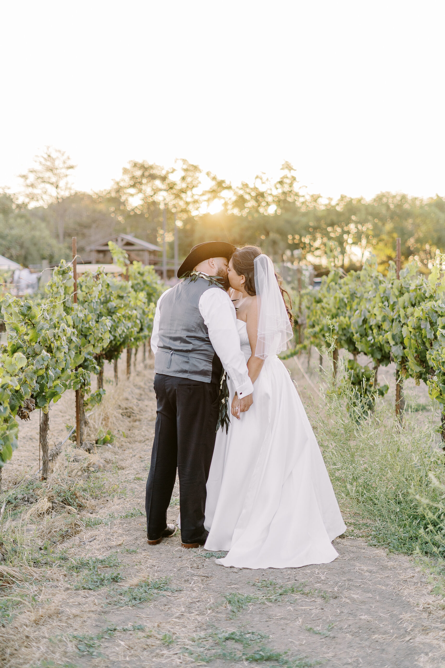 a bride and groom share kisses and pose for portraits at sunset at their sonoma winery wedding.