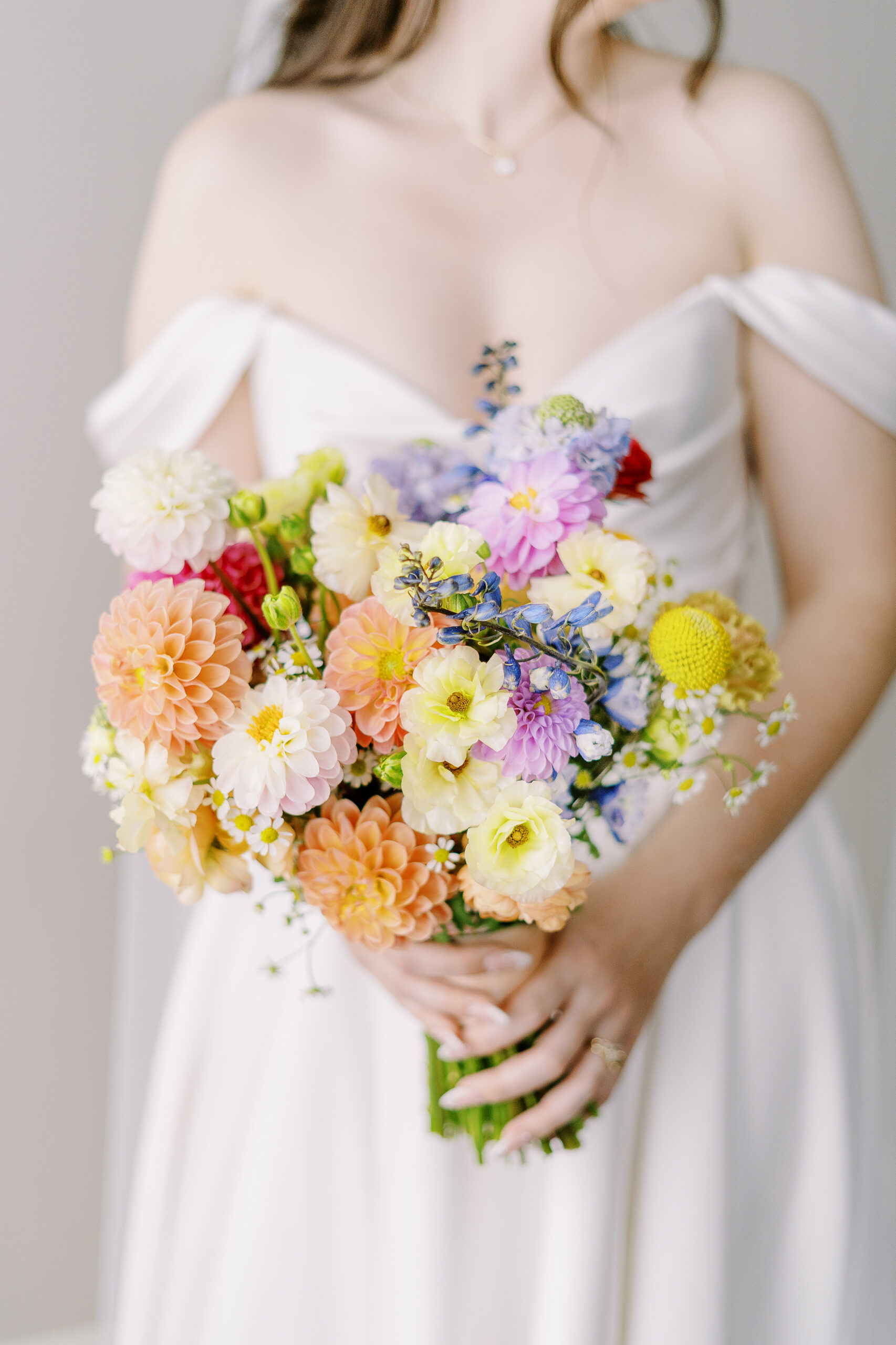 a close up photo of a colorful bridal bouquet at Vizcaya photographed by Sacramento wedding photographers