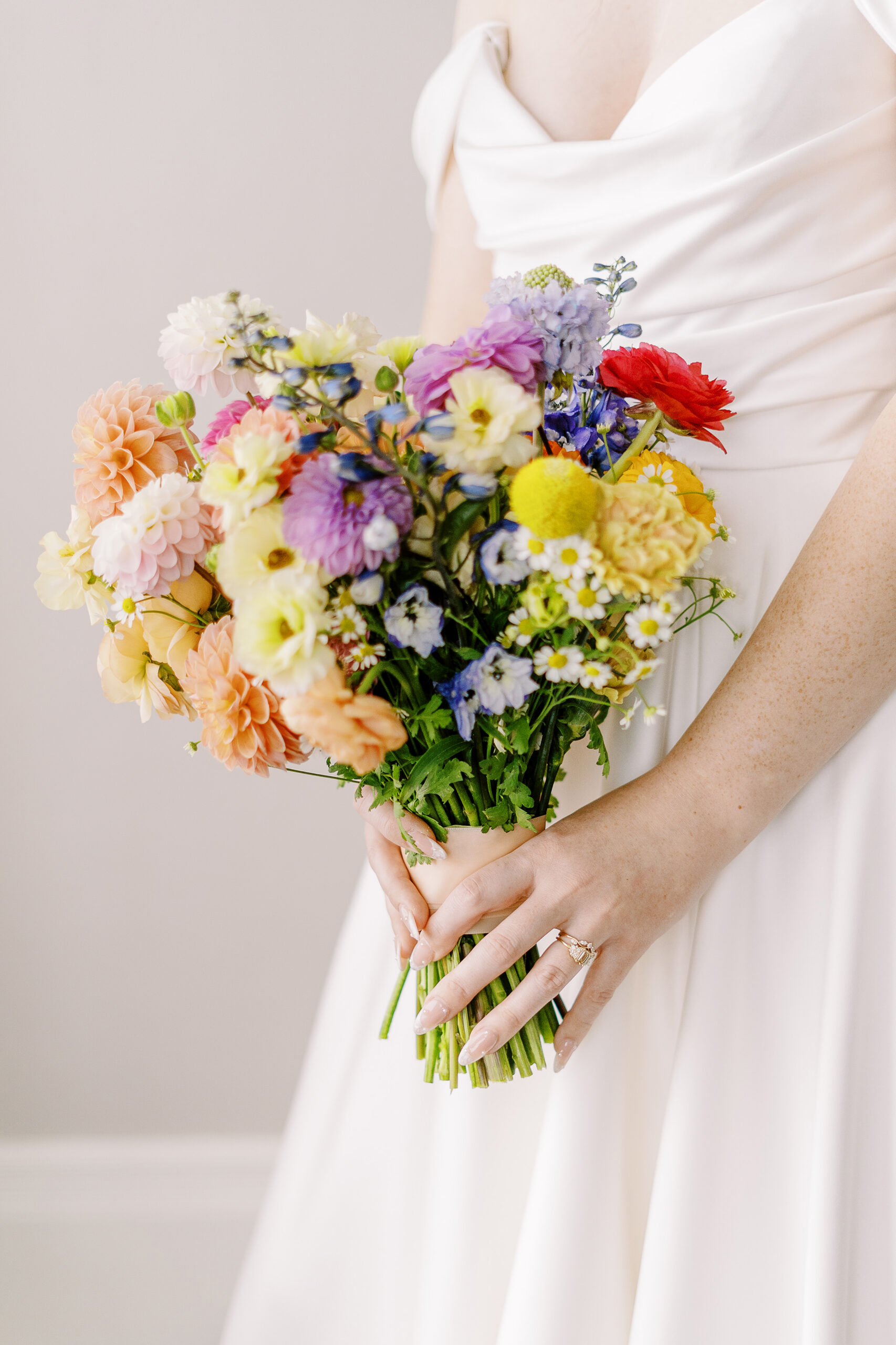 a close up photo of a colorful bridal bouquet at Vizcaya photographed by Sacramento wedding photographers