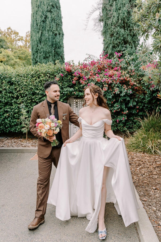 a bride and groom walk together at Vizcaya photographed by Sacramento wedding photographers