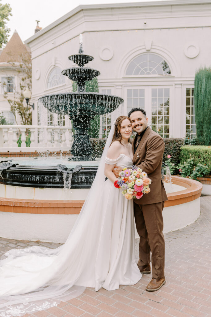 a bride and groom snuggle up at Vizcaya photographed by Sacramento wedding photographers