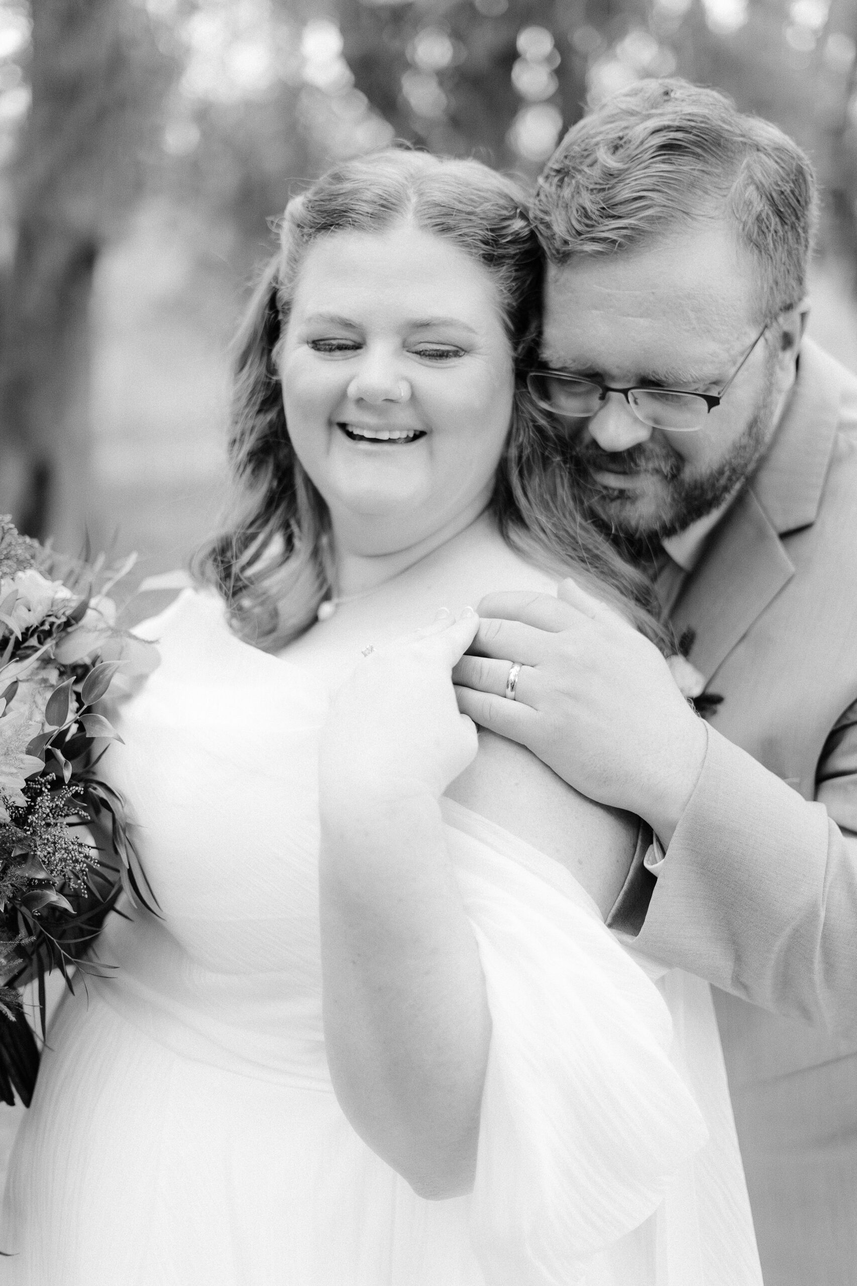 a bride and groom portrait in the trees at The Maples Woodland photographed by Sacramento wedding photographer