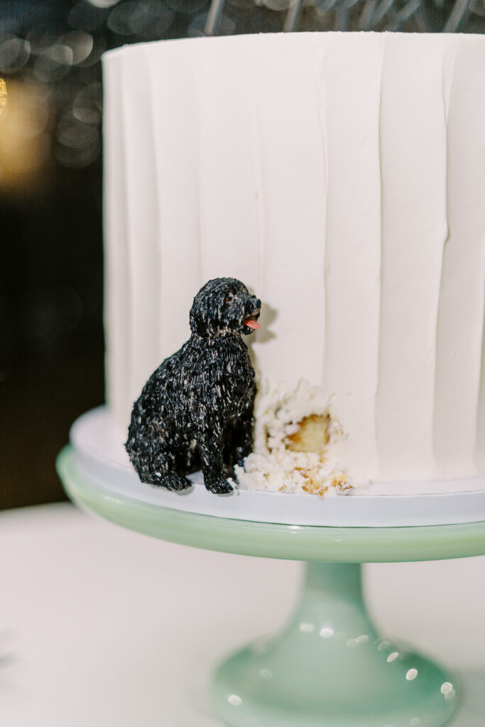 a custom wedding cake featuring the bride and grooms dog as a cake decoration at The Maples Woodland photographed by Sacramento wedding photographer